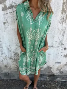 Green boho printed cotton linen shift dress with pockets, casual short sleeve shirt dress.