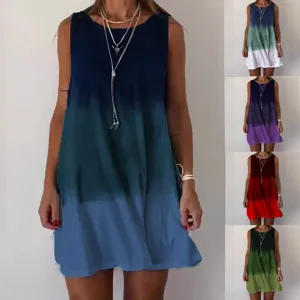 Γυναικείο Casual Midi Φόρεμα από Μείγμα Πολυεστέρα με Nτεγκραντέ Στρογγυλή Λαιμόκοψη Αμάνικο