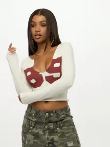 Sexy slim crop long sleeve t-shirt for women featuring a bold red chest graphic design.