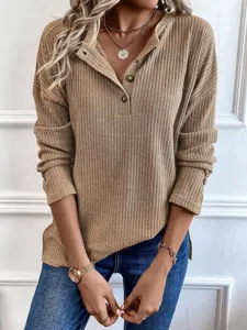 Γυναικείο ριμπ πλεκτό μπλουζάκι Henley μακρυμάνικο πουλόβερ casual καθημερινό νέο