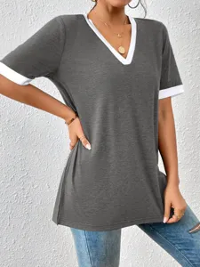 Donna maglietta manica corta scollo V contrasto top estivo casual largo grigio scuro