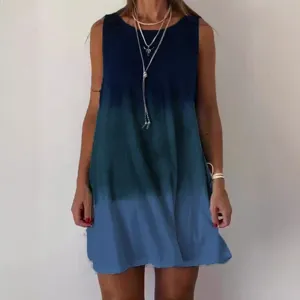 Γυναικείο casual αμάνικο ombre στρογγυλή λαιμόκοψη φόρεμα καλοκαίρι παραλία μπλε