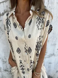 Close-up detail view of the women's short-sleeve cotton-linen printed casual shirt dress.