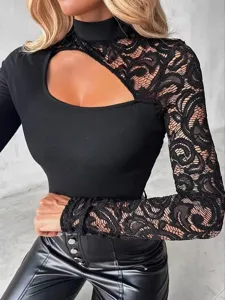 Detailed close-up view of the stylish black irregular lace patchwork long sleeve top.