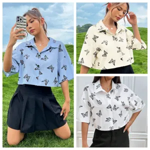 Blusa Casual de Verano para Mujer Manga Corta Cuello Camisero Monopetto Estampado de Mariposa Dulce