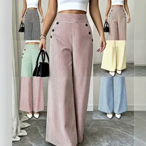 Pantalon Long Ample Casual Taille Haute Rayé pour Femmes avec Poches Boutonnées