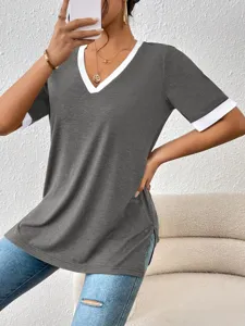 Maglietta lunga casual con scollo a V a contrasto maniche corte donna estate top