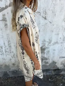 Women summer casual loose short sleeve linen print dress shirt comfortable daily wear.