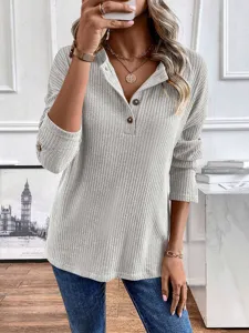 Γυναικείο πλεκτό ριπ τοπ με μακριά μανίκια henley casual πουλόβερ για φθινόπωρο