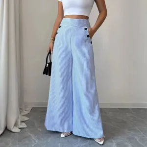 Femme taille haute pantalon large rayé bleu blanc mode décontracté été chic tendance