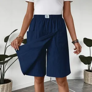 Women casual solid color dark blue pocket shorts layered design comfortable daily wear