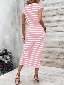 Pink and white striped short sleeve crew neck long dress detail view, casual daily summer wear.