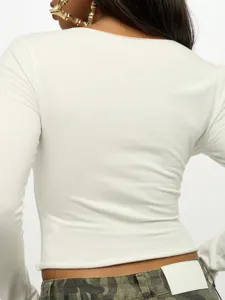 Sexy slim fit crop long sleeve t-shirt for women, stylish basic solid color top for daily wear.