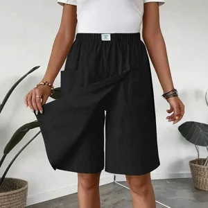 Women casual black pocket shorts skort high waist elastic design summer fashion apparel.