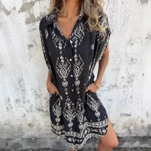 Women Casual Short Sleeve Turn Down Collar A Line Dress Loose Vintage Printed Polyester Midi Dress