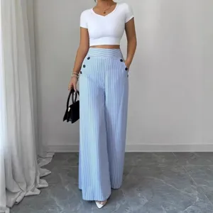 Vue detaillee pantalon large taille haute femme rayé bleu et blanc style decontracte