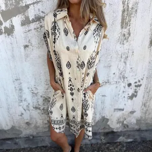 Women Summer Casual Loose Cotton Linen Short Sleeve Button Down Pocket Printed Midi Dress