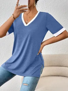 Casual T-shirt con scollo a V e maniche corte a contrasto, elegante top blu estivo.