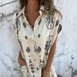 Summer casual loose cotton linen short sleeve midi dress with pockets for women