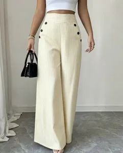 Pantalon large rayé taille haute pour femme, pantalon long décontracté d'été chic avec boutons.