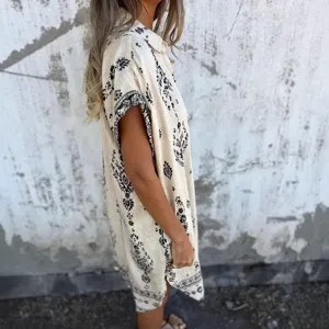 Women summer loose casual short sleeve cotton linen shirt dress with bohemian print pattern