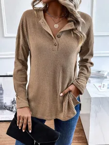 Γυναικείο πλεκτό ριπ πουλόβερ μακρυμάνικο Henley casual φθινοπωρινό top με τσέπες