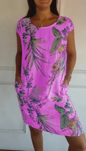 Damen Leinen Baumwolle Kurzarm Blumenmuster Sommerkleid mit Taschen Rundausschnitt Lässig