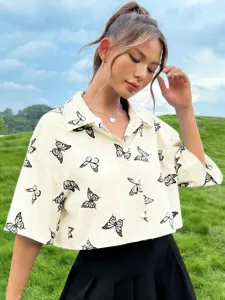 Verano dulce manga corta solapa mariposa estampado boton mujer casual camisa top