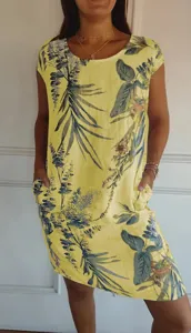 Gelbes Leinen Baumwolle Blumen Print Kurzarm Sommer Kleid mit Taschen fur Damen.