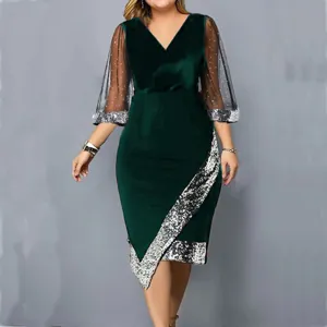 Women Green Velvet Dress Sheer Mesh Sleeve Asymmetric Sequin Elegant Party Dress