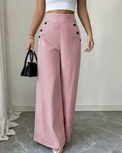 Pantalon ample taille haute à rayures rouges et blanches avec boutons pour l'été.