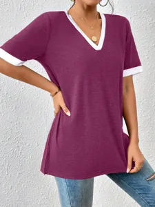 Maglietta lunga donna scollo V contrasto maniche corte casual top estivo molto comodo