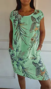 Damen Leinenmischung Kurzarm Botanischer Druck Kleid mit Taschen Sommer Rundhalsausschnitt