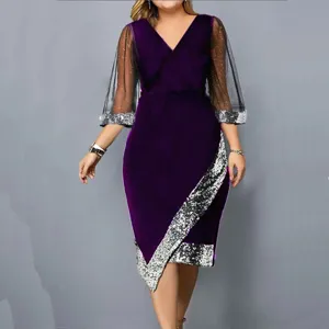 Women velvet sequin mesh midi dress elegant long sleeve party dress evening wear