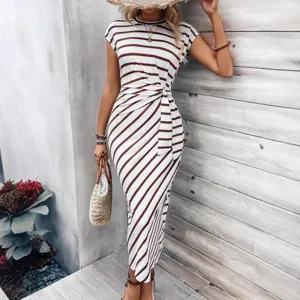 Women's casual striped short sleeve midi dress with waist tie elegant summer long dress