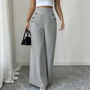 Pantalon large femme taille haute rayé pantalon décontracté élégant avec double boutonnage