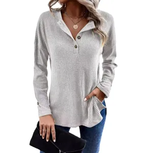 Γυναικεία πλεκτή μακρυμάνικη μπλούζα henley casual μονόχρωμη με κουμπιά top μόδα νέα