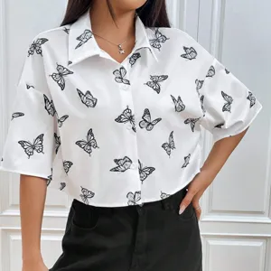 Verano Mujeres Manga Corta Solapa Mariposa Estampado Blusa Casual Dulce Crop Top Nuevo