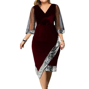 Plus size velvet dress women evening party dress sequin mesh sleeve elegant cocktail midi dress