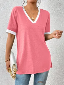 Donna casual scollo a V colorblock maniche corte lungo t-shirt per estate comoda.