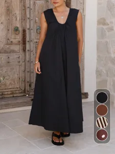 Detailed view of women's elegant sleeveless U-neck maxi dress with loose hem in multiple colors.