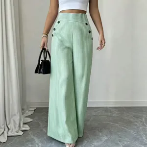 Pantalon large rayé vert et blanc à taille haute avec double boutons pantalon