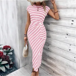 Pink and white striped short sleeve maxi dress with waist tie for women main view.