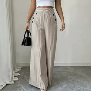 Pantalon large a taille haute et rayures pour femme avec boutons dobles elegants.