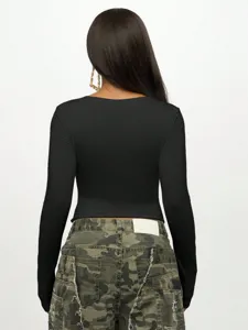 Sexy slim fit long sleeve crop top for women, solid black casual basic tee shirt apparel.