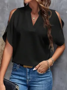 Detailed view of women's summer cold shoulder V-neck black top, elegant style for daily wear.