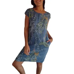 Damen Sommer Blumenprint Leinen Kurzarm Rundhalsausschnitt Taschenkleid Mode