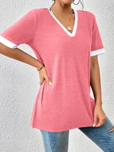 Comodo estivo donne largo scollo V contrasto manica corta lungo t-shirt top chic