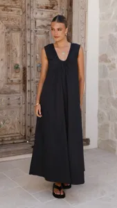 Elegant black U-neck sleeveless maxi dress for women summer casual wear detailed view.
