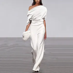 Combinaison Longue Femme Décontractée Épaules Dénudées Couleur Unie Mélange Polyester Élégant Ville Pantalon Long Romper